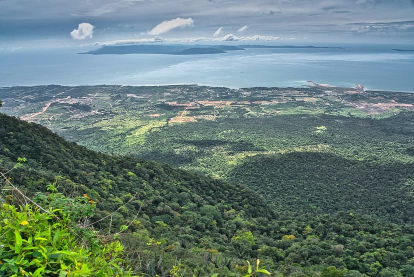 View from Bokor Hill over green forest and the coast to the islands offshore