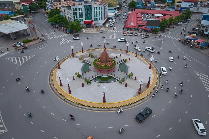 Aerial view of the Durian Roundabout in the centre of Kampot